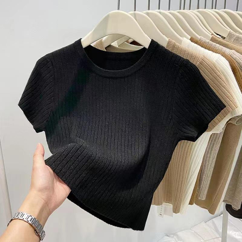 

Womens Ribbed Knit Top Casual Crew Neck Short Sleeve Form Fitting Cropped Blouse onesize