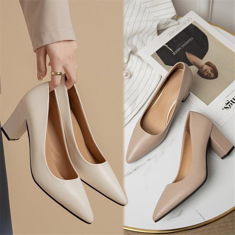 New Korean Style Black Pointed Toe Low-cut Block Heel Pumps, Slip-on Simple Professional Women's Shoes