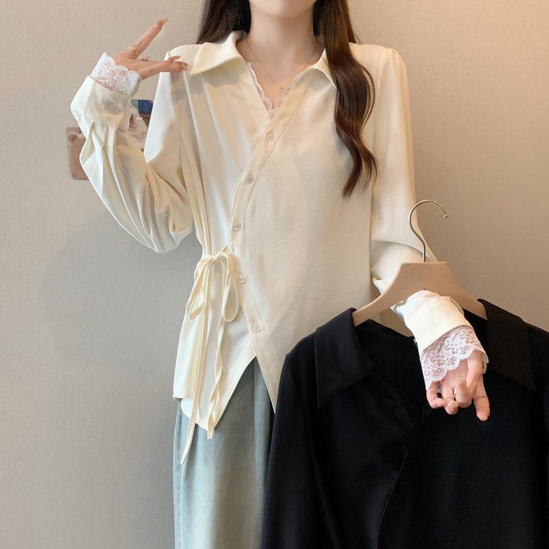 Elegant Plus Size Lace-Trimmed Tie-Up Shirt with Waist Cinching Medium