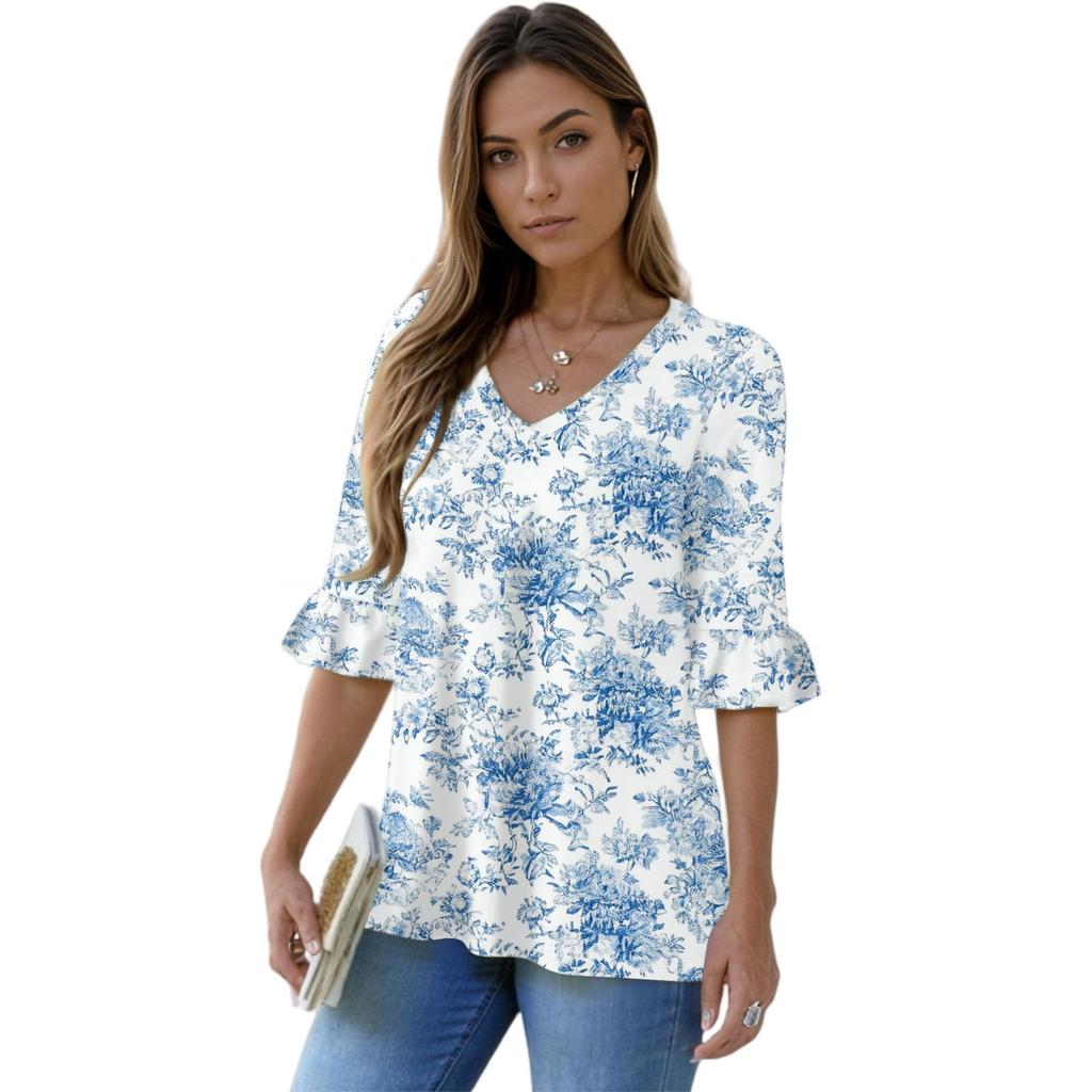 Women's Casual 3/4 Sleeve Tops V-Neck Sleeve T-Shirt Floral Print Tops