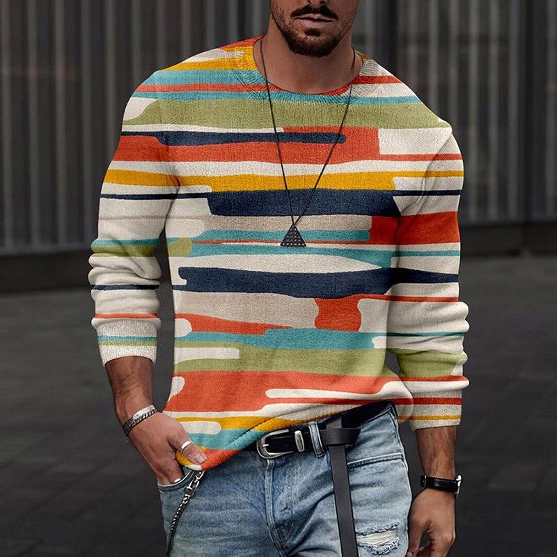 Rundhals 3D-bedrucktes Batik-Streifenmuster Top Modische lässige langärmelige Herren-T-Shirts