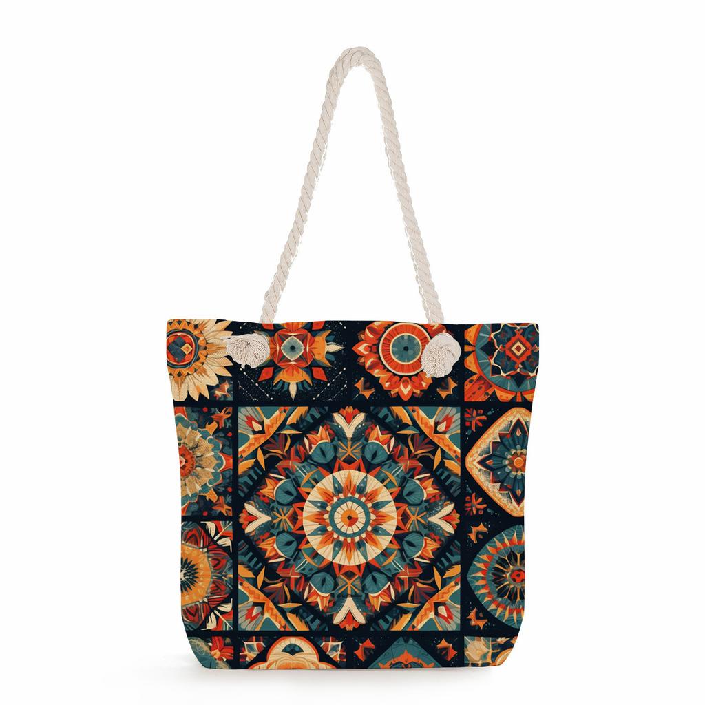 Multifunctional Mandala Printed Thick Rope Shoulder Beach Bag Casual Large Capacity Handbag 7595