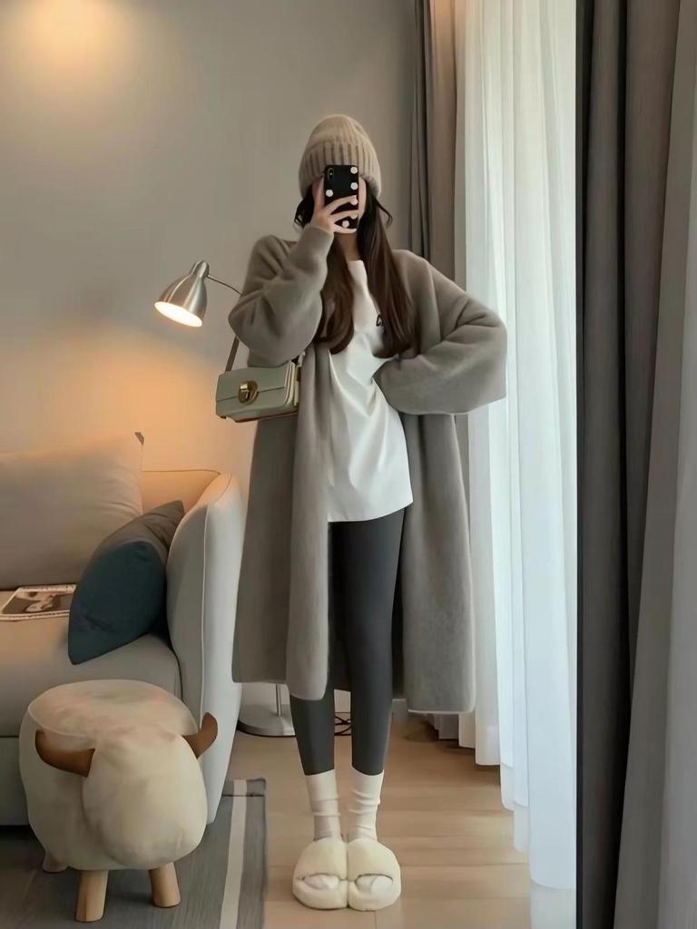 2026 Autumn-Winter Women's Korean Loose Knit Cardigan - Solid Color Sweater Coat