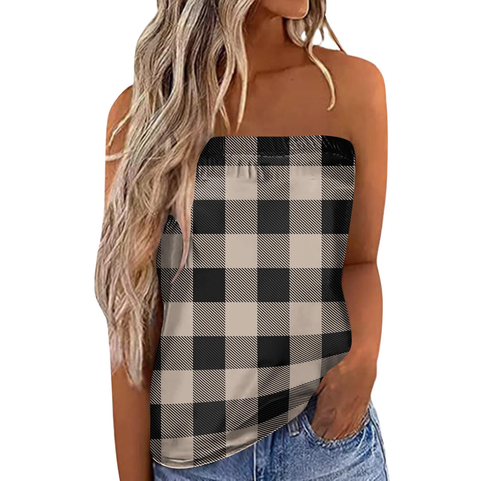 Women s Summer Sexy Strapless Off-Shoulder Elastic Band Plaid Print Top XXL хаки