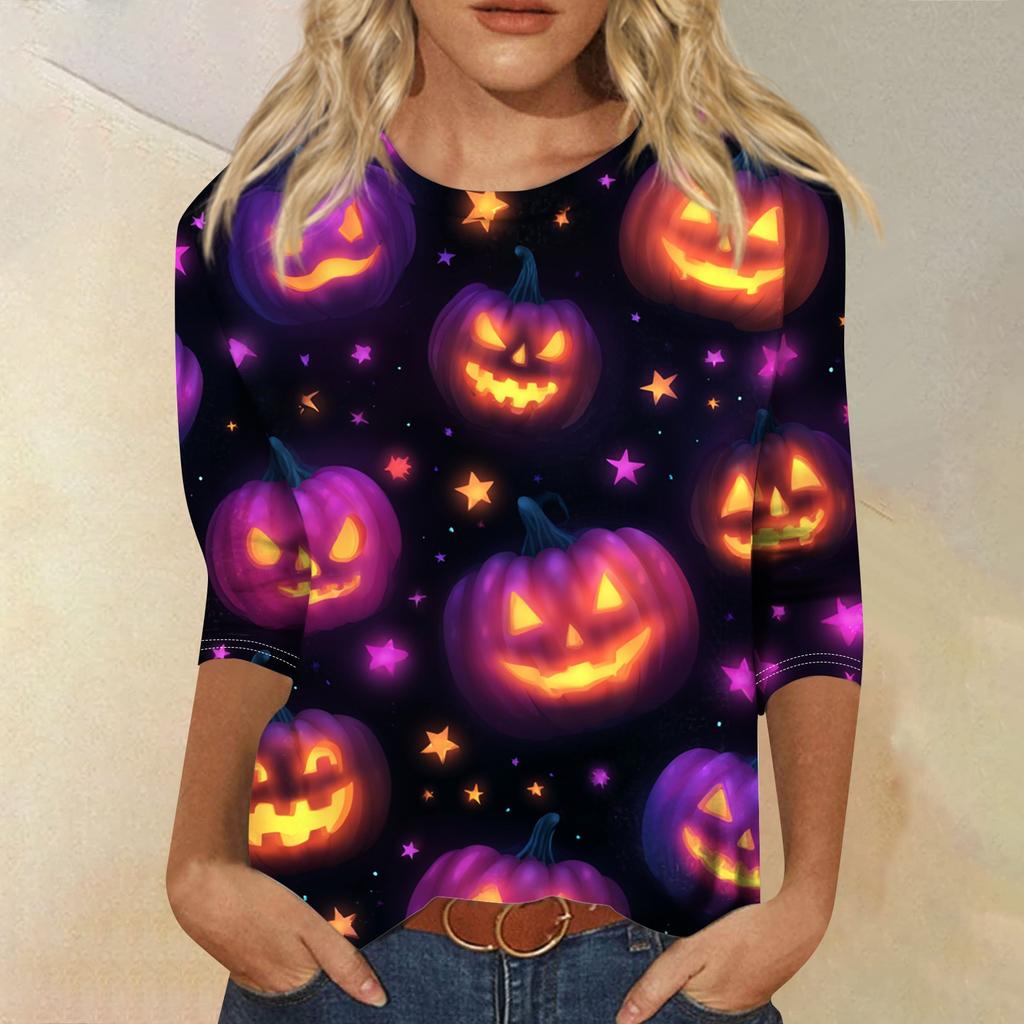 Women's Fashion Casual Round Neck Three-quarter Sleeve Halloween Printed T-shirt Top
