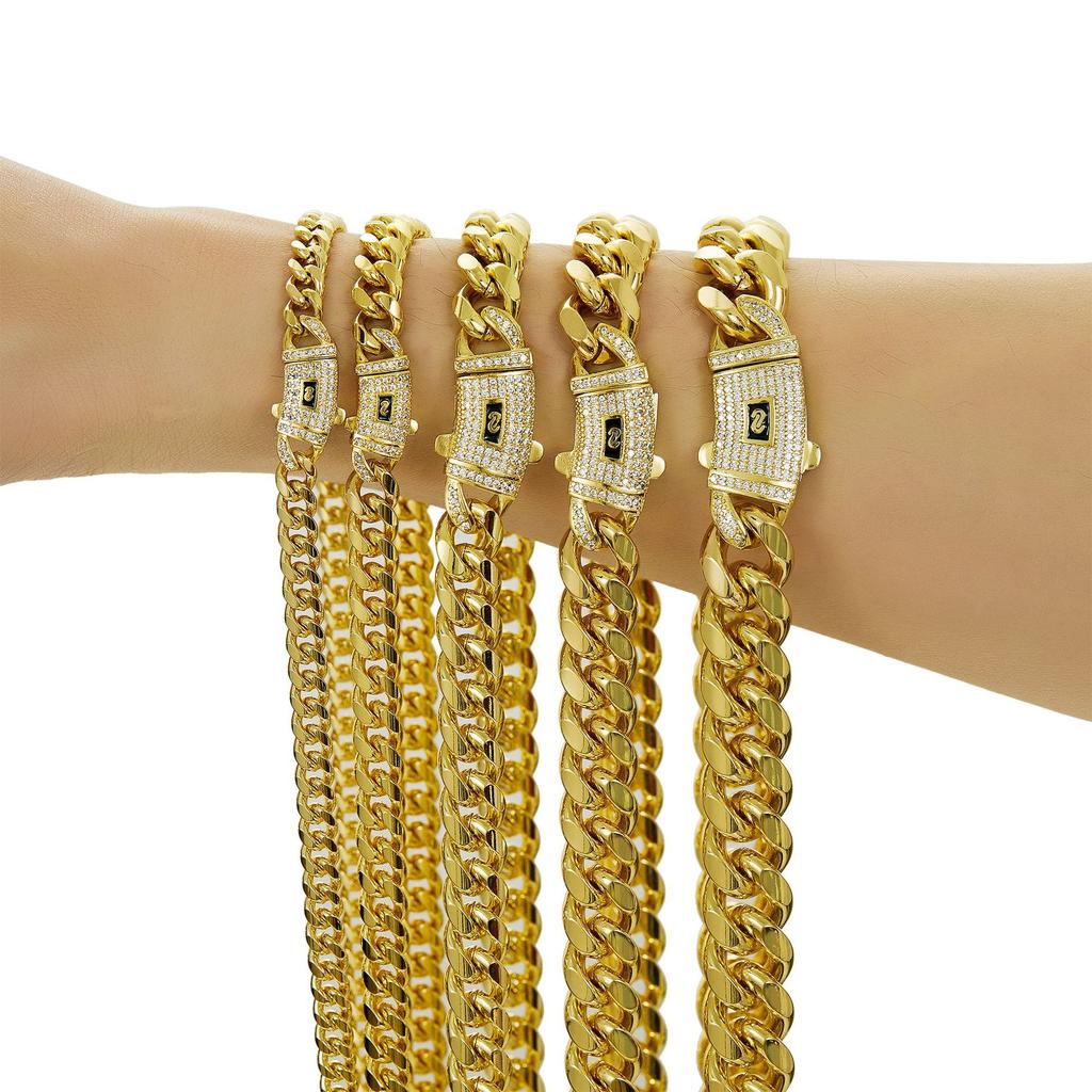 Hip Hop Heißes Design Edelstahl 14K Gold Plated Zirkon Monaco Kette 6/8/10/12/14/16mm Miami Cuban Link Kette für Damen Herren