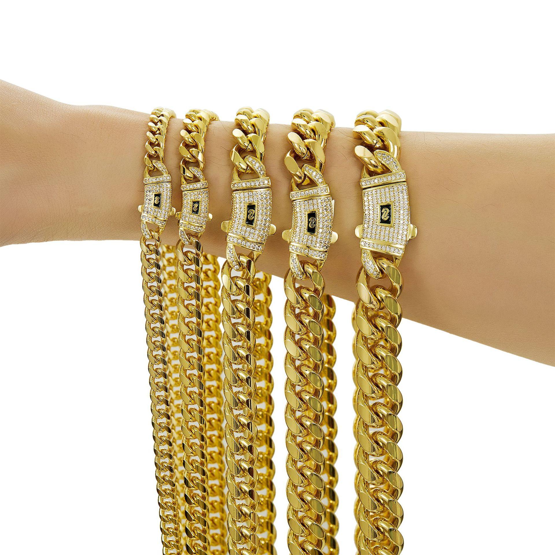 Hot Selling No Tarnish Men s Hip Hop Jewelry Stainless Steel Monaco Cuban Link Chain 14K Gold Plated Monaco Chain Necklace Hip Hop&16inches(40.64cm)