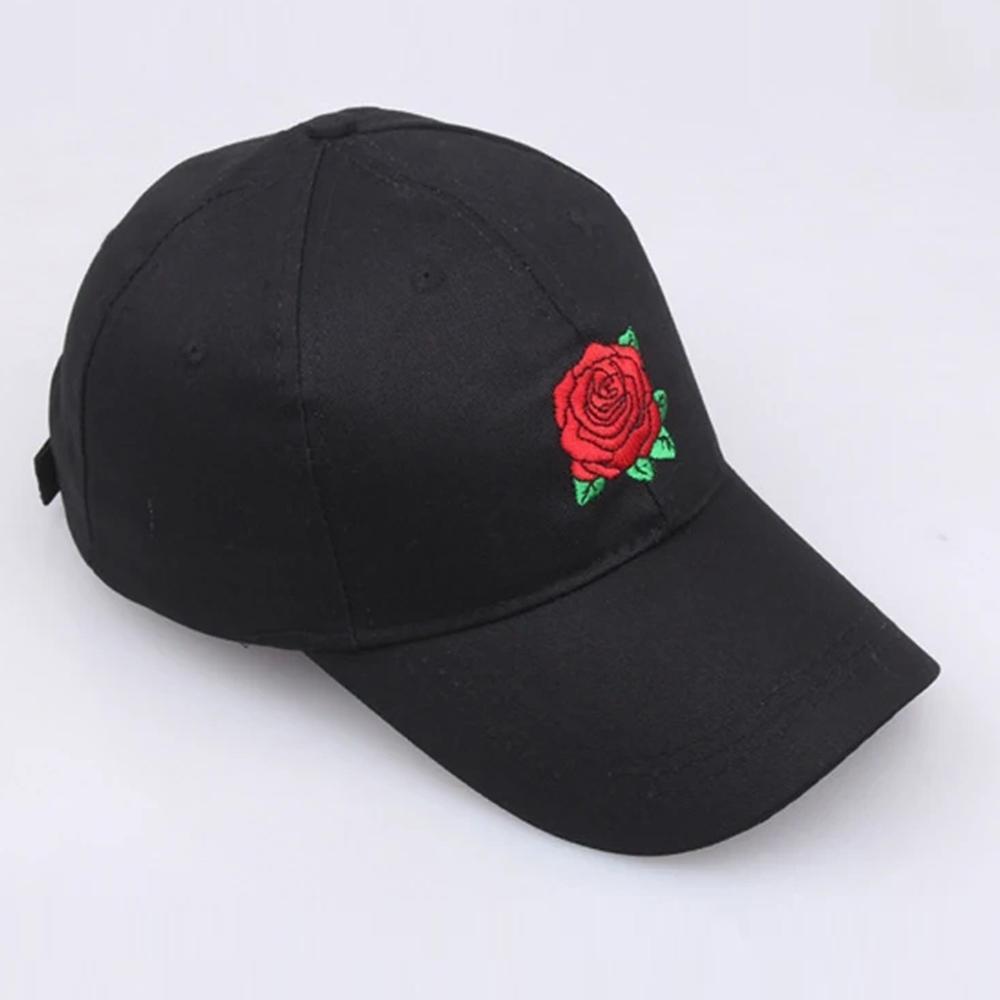 Rose Embroidery Baseball Cap Black Cotton Snapback Hip Hop Hat Unisex