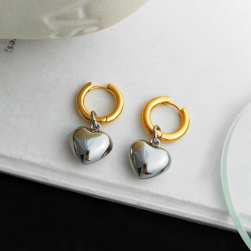 Statement Minimalist Gold Silver Color Mixed Solid Heart Pendant Hoop Earrings Street Style Korean Fashion Jewelry Gift