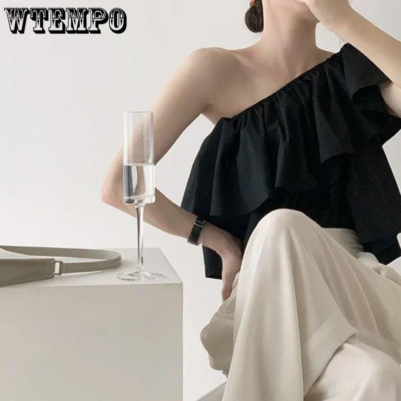 Sweet Off Shoulder Ruffled Top Women White Short T-shirt High Waist Navel Expose Sexy Desire Sleeveless Sloping Shoulder Summer