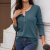 Autumn Winter Solid Color Round Neck Button Loose Long Sleeve T-Shirt Top for Women