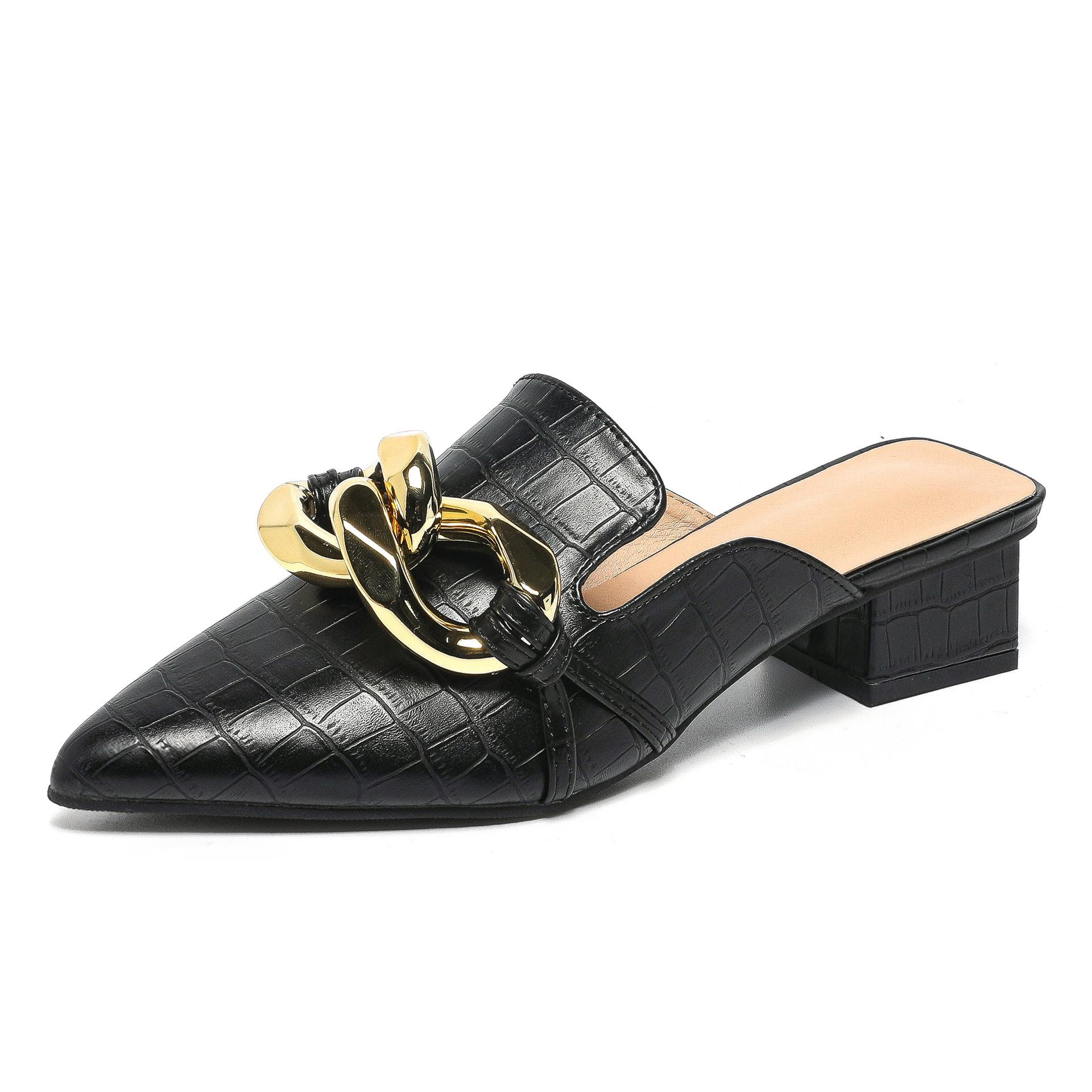 

Женские туфли-мюли с острым носком на массивном среднем каблуке с металлическими украшениями, женская лаконичная модная повседневная обувь, летние черные 42 36 чёрный