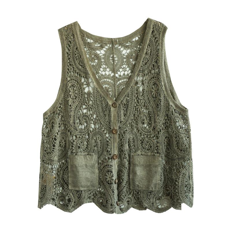 Primavera Estate Vintage Gilet Traforato Donna Pizzo Capispalla Mantella Scollo a V Gilet Monopetto Senza Maniche Cardigan Top Solidi