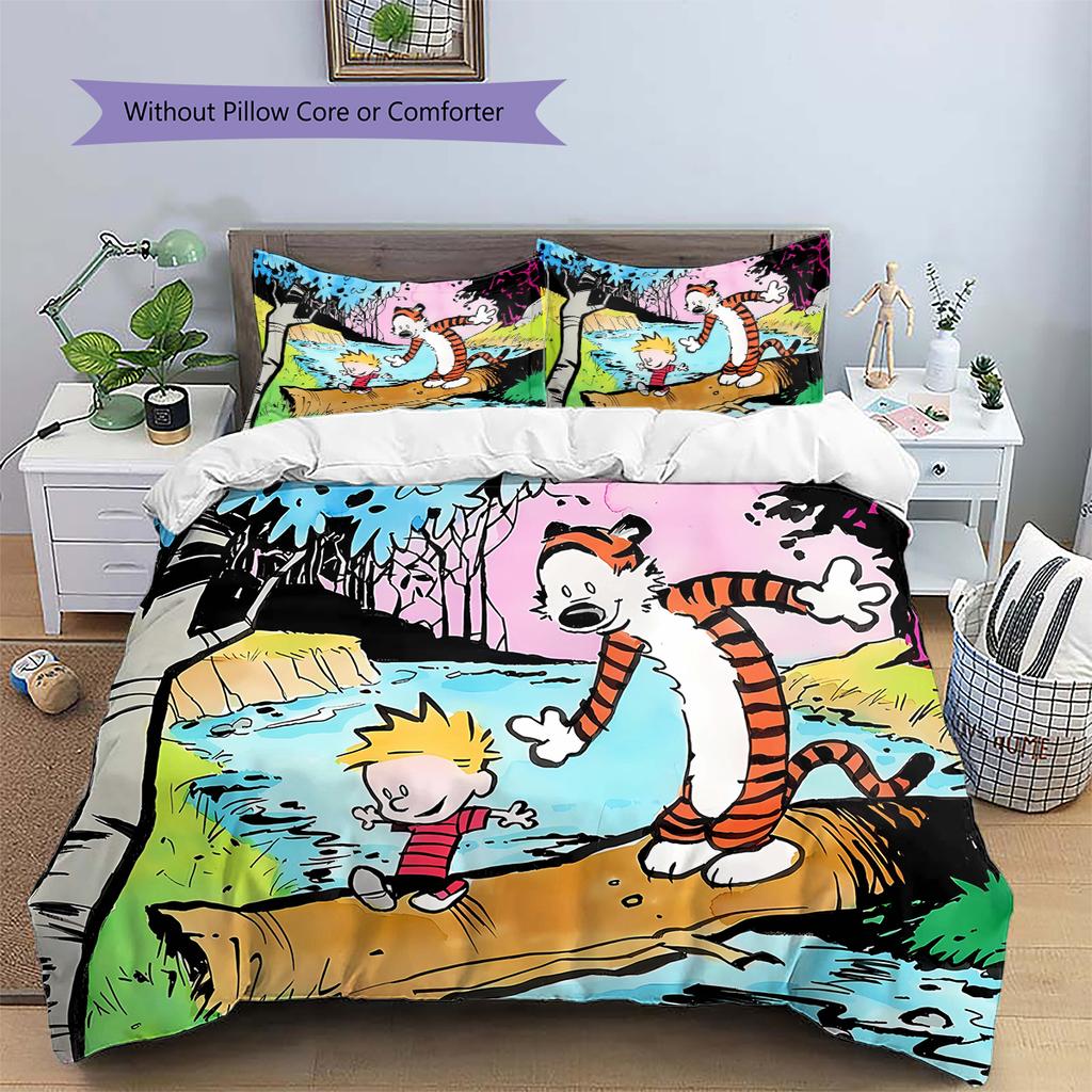 Calvin and Hobbes Pattern Bedding Quilt Set Quilt Cover Pillowcase Home Decoration Gift (1 * Duvet Cover + 2 * Pillowcase, Without Core)