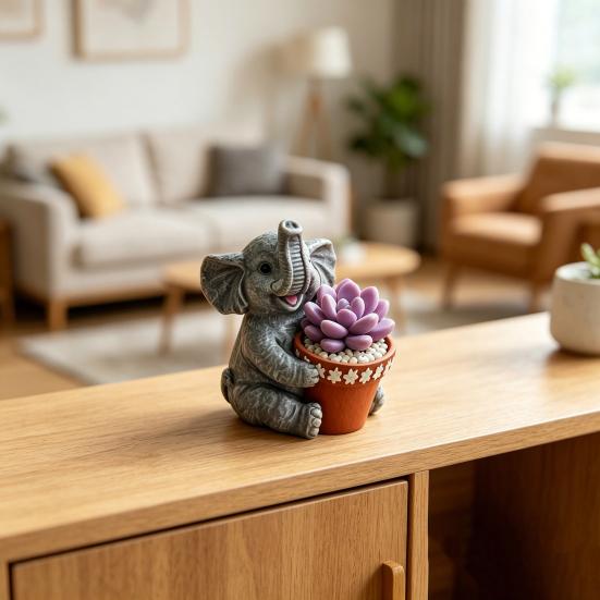Cute Elephant Planter, Small Animal Flower Pot, Weatherproof Indoor Outdoor Cactus Air Plant Holder for Home Office Desktop Decor
