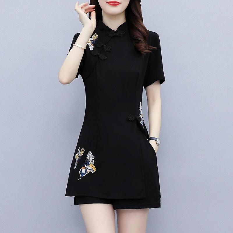 Set Cheongsam Cinese Estivo da Donna Top Ricamato Vintage + Pantaloncini Set Due Pezzi