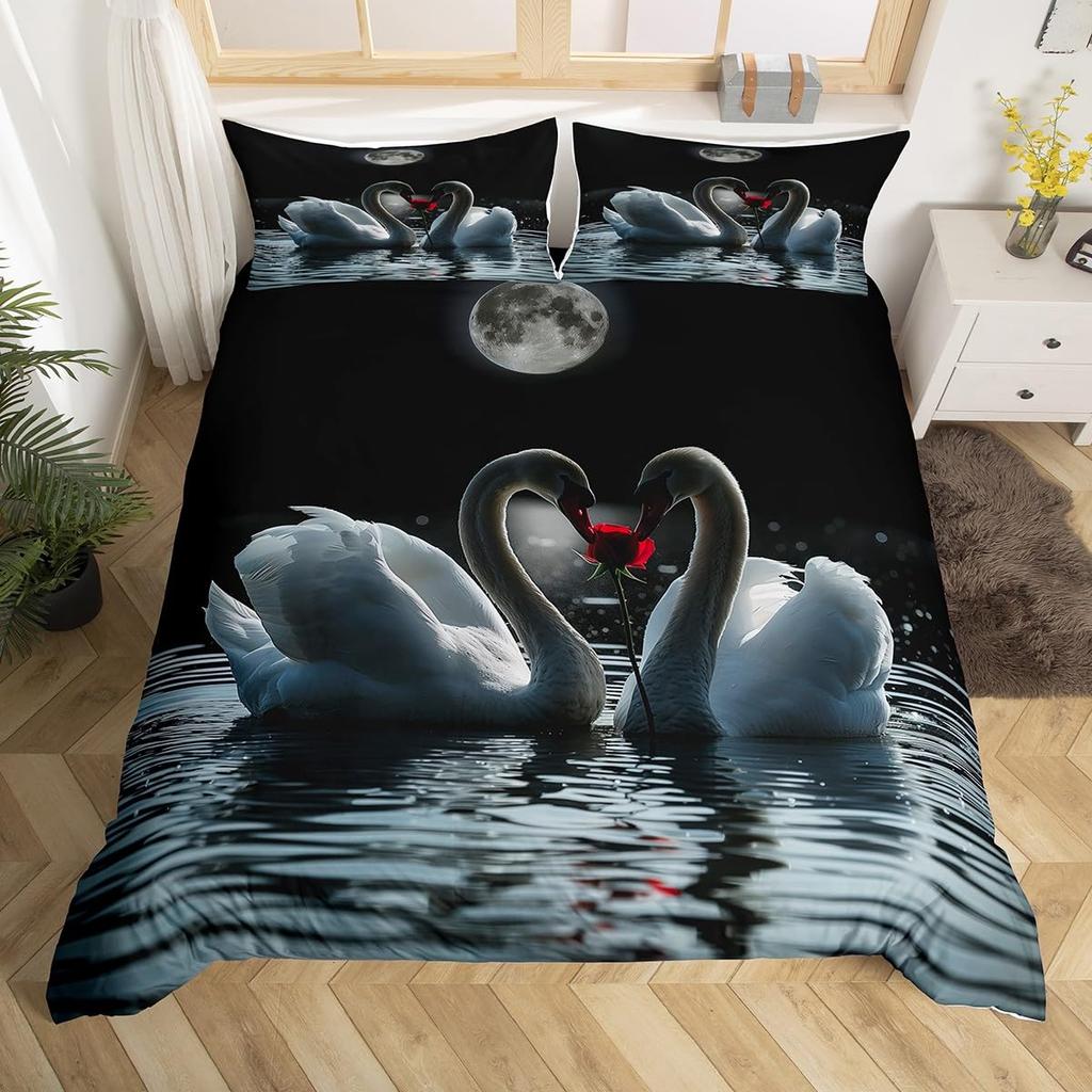 Comforter Romantic Swan Microfiber Flower Bedding Set Wild Animals Twin King For Girls Teen Adults Bedroom Decor