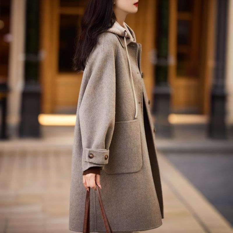 Women Double-sided Cashmere Coat Female Solid Long Hooded Single Breasted Warm Woolen Coats Loose Autumn Winter