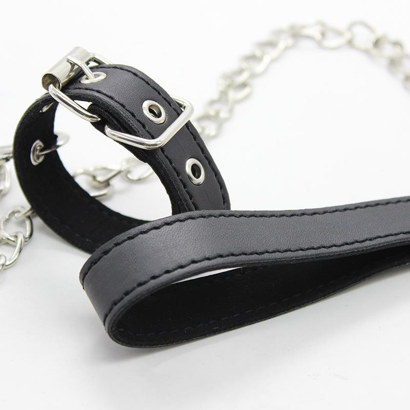 Men's Leather SM Fun Bondage Set with Penis Rings and Traction Chain