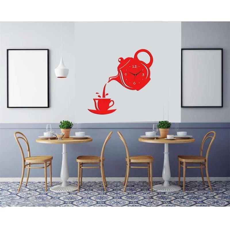 3D Coffee Cup Teapot Self Adhesive Acrylic Mirror Clock Wall Stickers for Home Living Room Decor Wall Clock Wall Sticker Clock