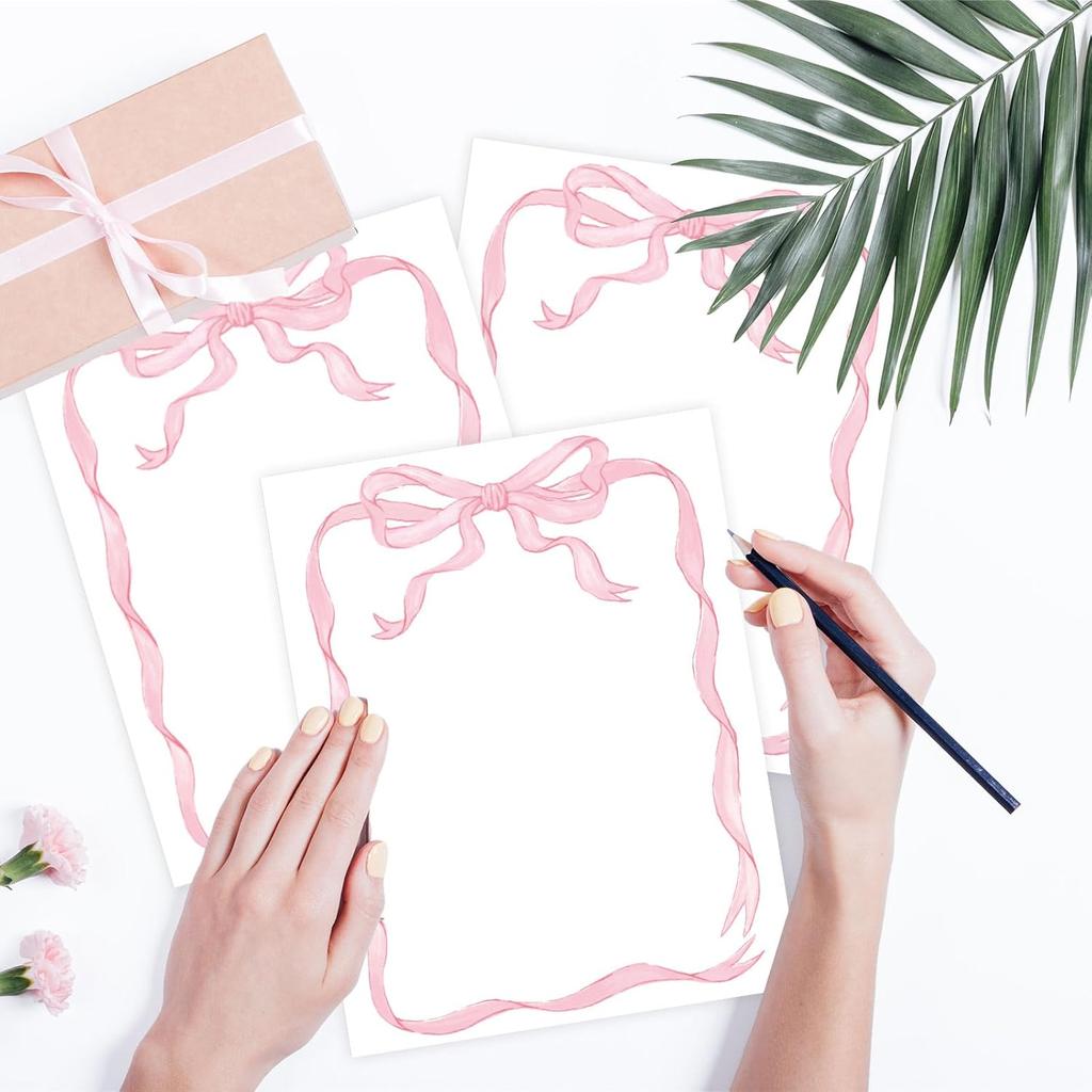 60 Sheets Bow Border Stationery Paper Pretty Pink Ribbon Bow Writing Paper For Party Invitation Office School Printing, 8.5 x 11 Inch, Single-Sided