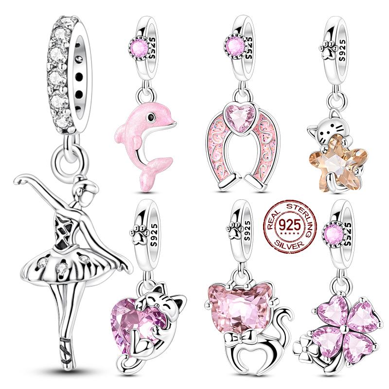 100% Copper Pink Gem Dolphin Charms Beads Horseshoe Cat Ballet Pendant Fit Original Bracelet Diy For Women Jewelry