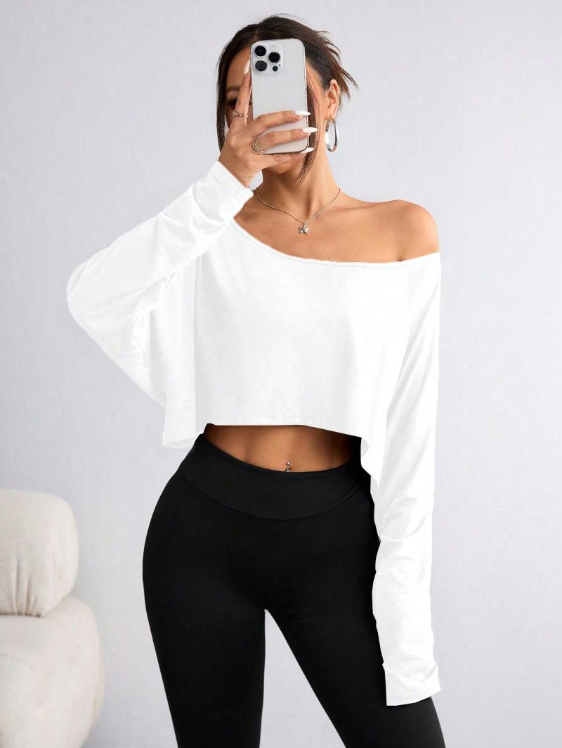 

Spring and Autumn European and American Women s Clothing Loose Collar Bottom Fashion Open Navel Slant Collar T-Shirt Long Sleeve Top S белый
