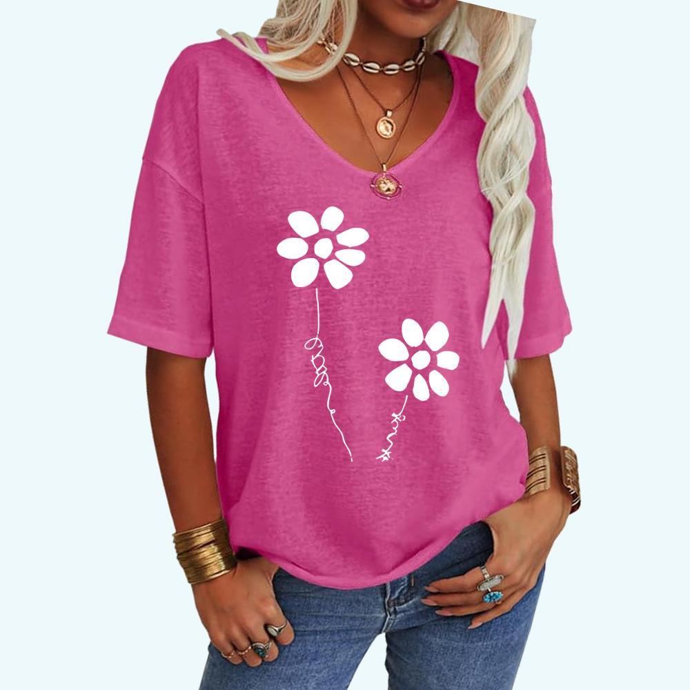 Women Fashion Loose Tee Shirt Casual V Neck Summer Top Feather Print Short Sleeve T-shirt