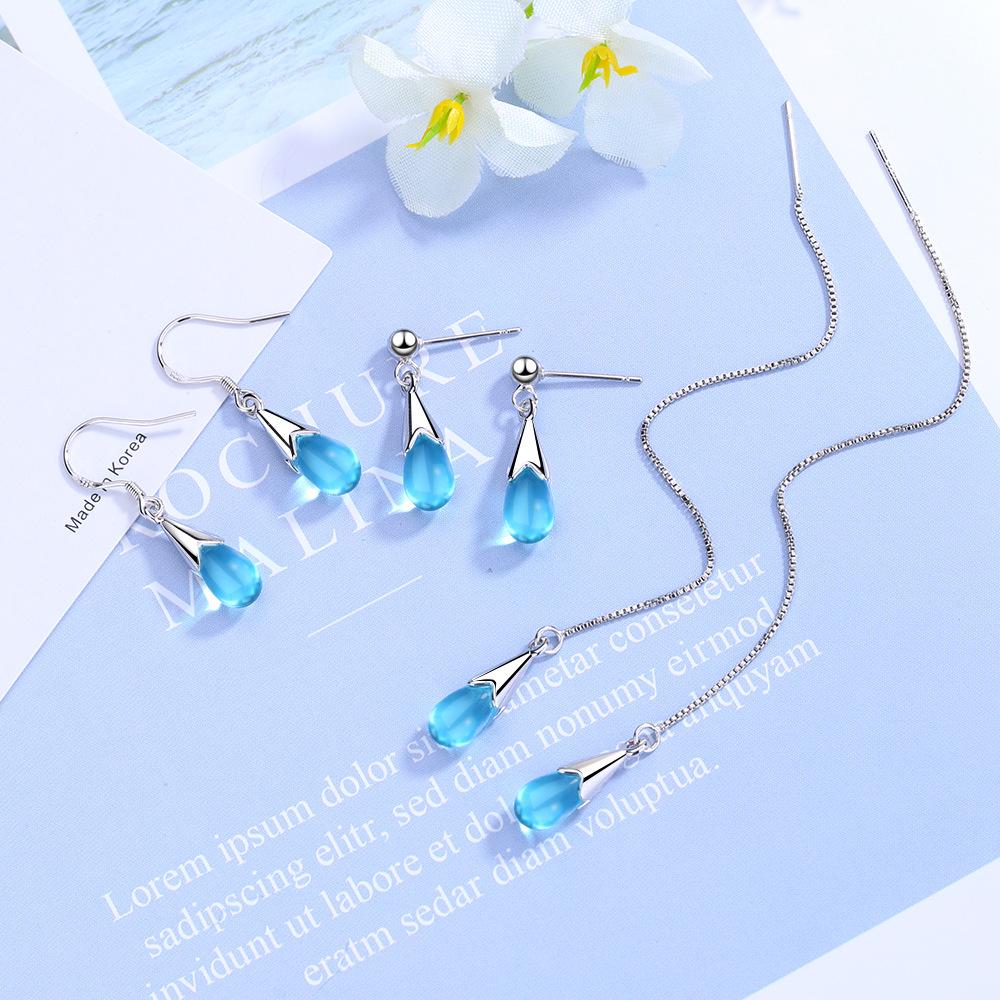 Blue Water Drop Tassel Mori Style Korean Earrings