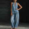 Womens Light Blue Denim Halter Neck Top and Wide Leg Pants Set
