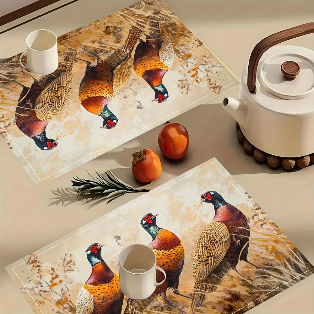 4pcs Placemats Autumn Pheasant Design, 12x18 Inches, Suitable for Kitchen and Dining Room Decor, Home Decoration, Family Dinner Table Setting, Party