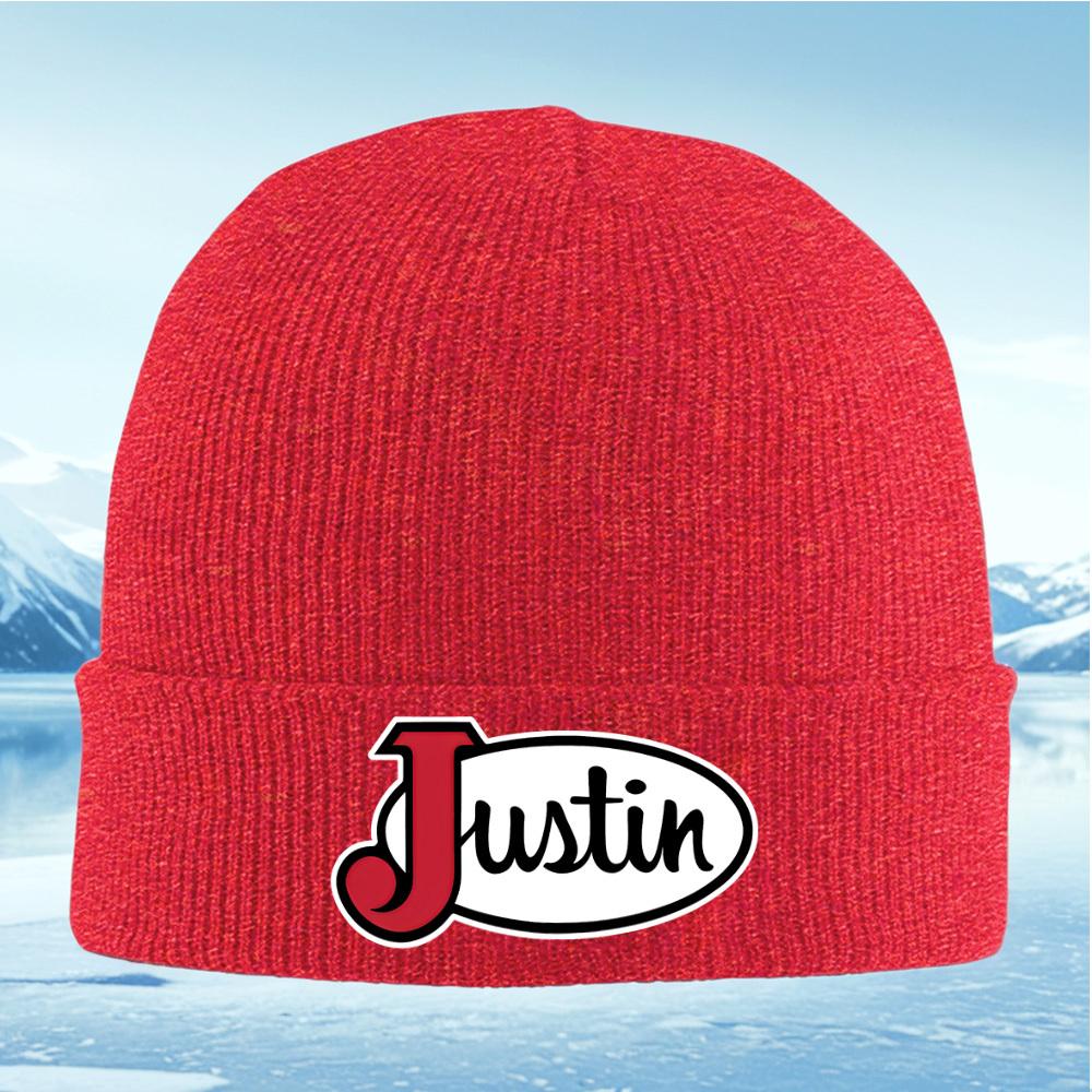 Justin text in white oval shape Men Women Unisex Knitted Hat Beanie Pullover Cap Winter Thermal Warm Christmas Outdoor Cycling H
