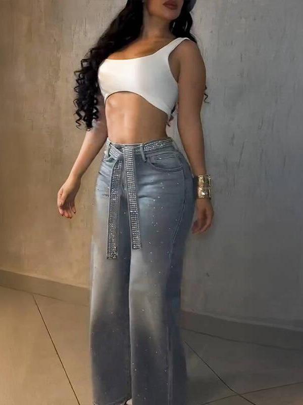Women's European-Style High-Waist Diamond Straight-Leg Jeans with Belt