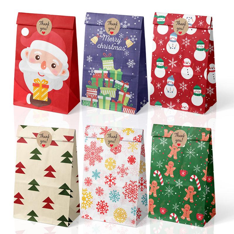 24pcs Christmas Kraft Holiday Gift Paper Packaging Candy Apple Bags Gifts Tote Bags Set Party Decoration Supplies