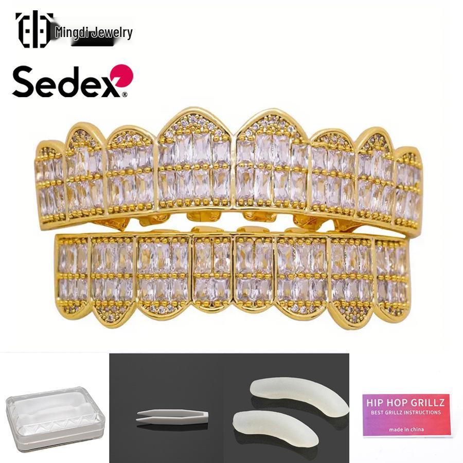 Grillz din Cupru Placat cu Aur Real de 14K și Zirconiu – Halloween Hip Hop Exagerat Rap Bijuterii pentru Dinți cu Diamante