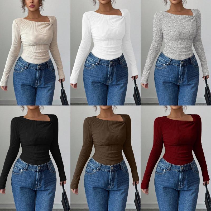 Women S Asymmetrical Neck Long Sleeve Knit Top Slim Fit Autumn Blouse