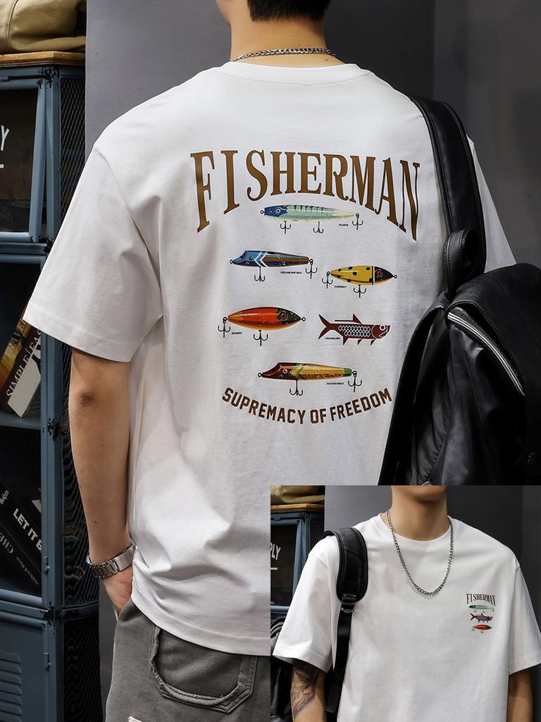 Unisexs Printed 100 Cotton Casual Loosefitting Breathable Fashionable Fishing Pattern Shortsleeved Roundneck Tshirt