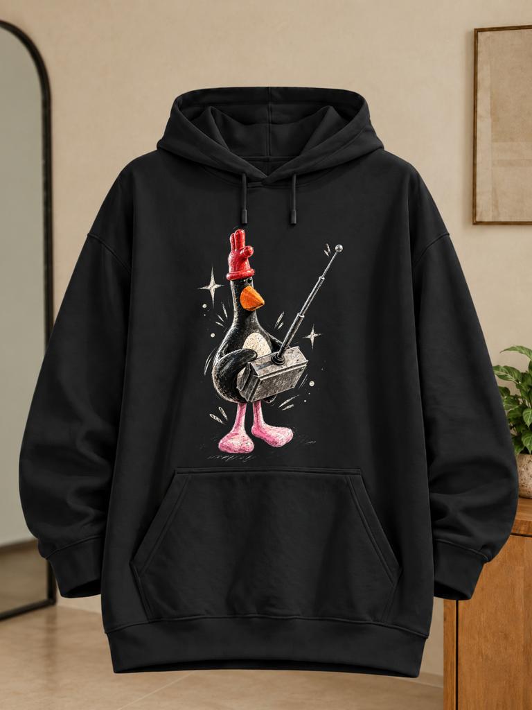 Unisex Black Hoodie with Funny Cartoon Rooster Comb Duck Holding a Radio Control Box Pink Webbed Feet And Sparkling Stars Graphic