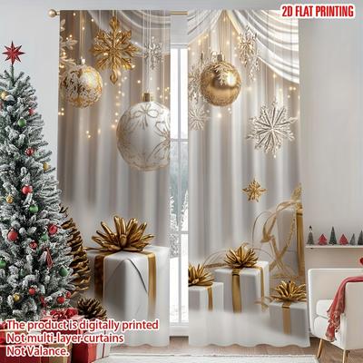 2pcs Elegant Gold Glitter Snowflake Print Sheer Polyester Curtains – for Living Room   Bedroom   Office   Kitchen & Christmas Decor