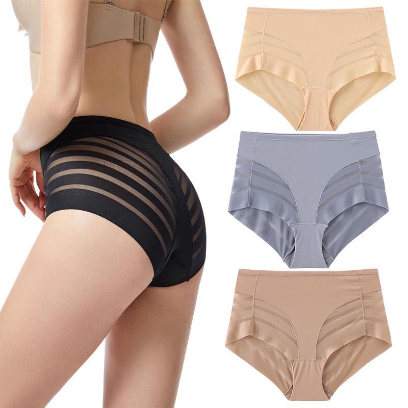 Plus Size Mid-Waist Women's Briefs - Light Tummy Control, Hip-Lifting, Striped Mesh, Breathable, Thin, Pure Cotton Crotch.