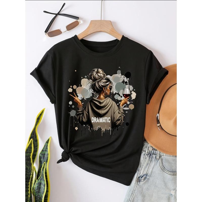 

European sizes Women S Casual Graphic T-Shirt, Loose Fit Short Sleeve Tee, Brown Strap Detail, Perfect for Spring 4XL