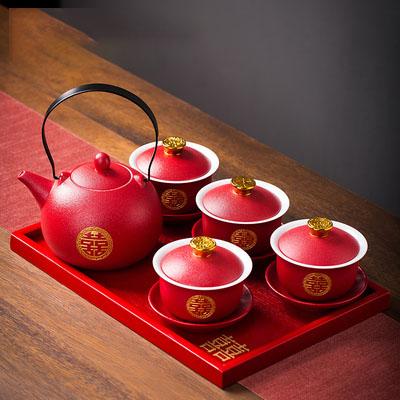 Chinese Style Double Happiness Porcelain Tea Set, Teapot and Cups, Gaiwan with Saucer, Ceremony Set Gifts, Wedding Celebration