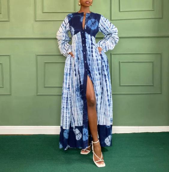 European And American Style Women S Clothing Autumn Elegant Temperament Sexy Printed Dress S синий