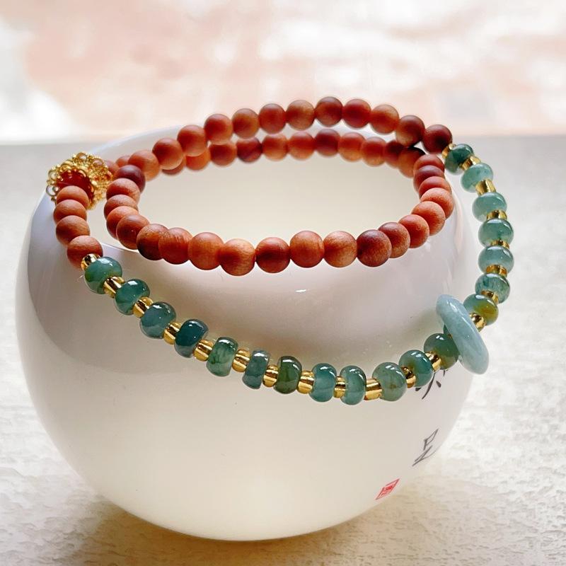 Ping An Buckle Running Ring, Blue Water Jade Jade, Old Sandalwood Light Luxury Niche Buddha Bead Bracelet