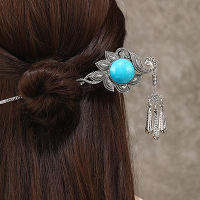 Retro Chinese Ethnic Style Hairpin Miao Peacock Fringed Step Hairpin Disc Hair Hairpin Hair Accessories Women's Headdress