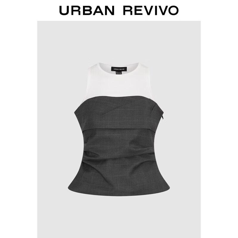 UR2026 Women s Trendy Color-block Plaid Fake Two-piece T-shirt XL