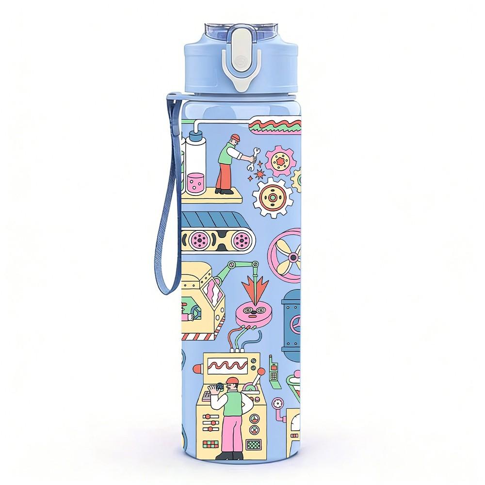 1PC Doodle Sticker Collage Cartoon Pattern 750ml Color Plastic Sports Water Bottle Leakproof Flip Straw Lid Suitable for Sports Office Home Use