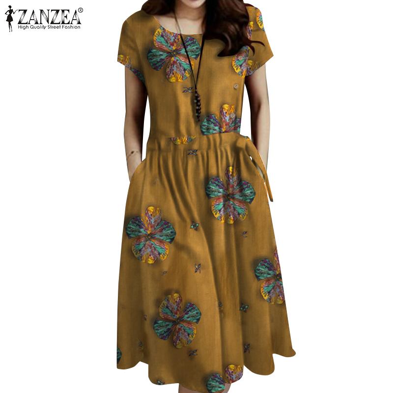 

ZANZEA Женское платье миди с коротким рукавом с коротким рукавом А-силуэта на шнурке