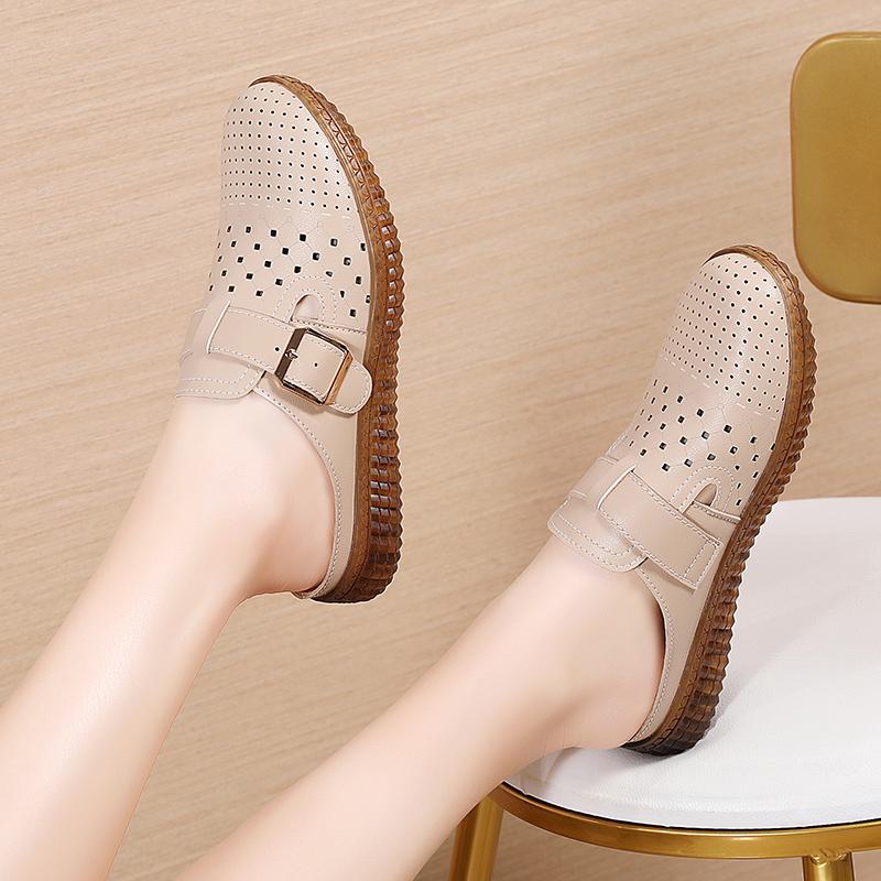 Fashion Women Casual Shoes Hollow Out Lady Half Lofers Genuine Leather Flats Moccasins Women Luxury Brand Half Slippers Zapatillas Mujer