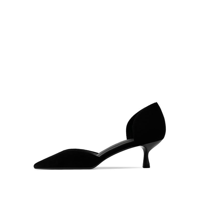 Black high heels spring new pointed hollow single shoes women's summer stiletto cat heel shallow mouth middle heel cmcm